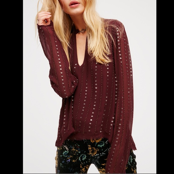 Free People Tops - Free People Sz M Embellished Beaded Cutout Blouse